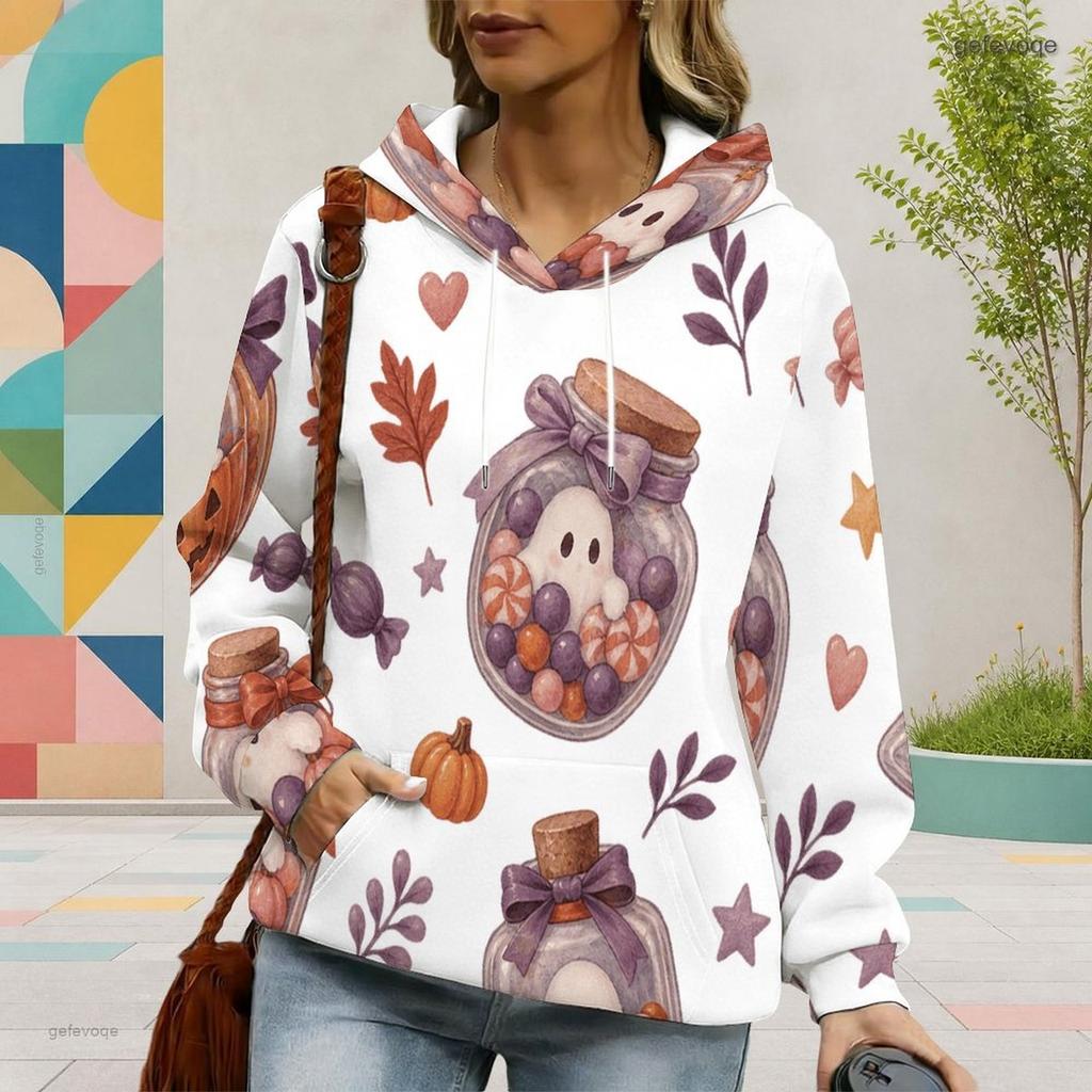 Women Plus Size White Halloween Ghost Pumpkin Printed Hoodie Long Sleeve Drawstring Hood Kangaroo Pocket Pullover