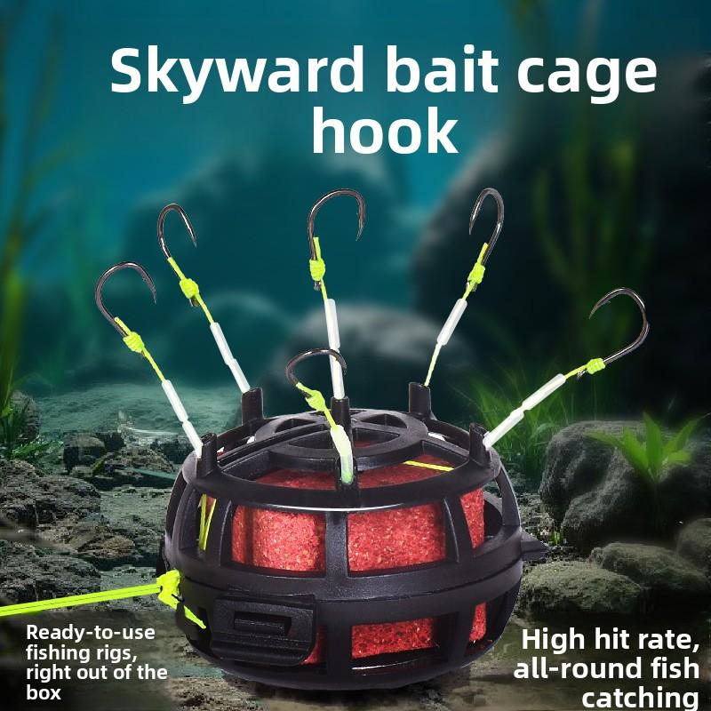 2PCS 6 Hook String Hook Fishing Bait Cage Carbon Steel Line Group Feeder Sinker Design Square Bait Fishing Spring Bait Cage