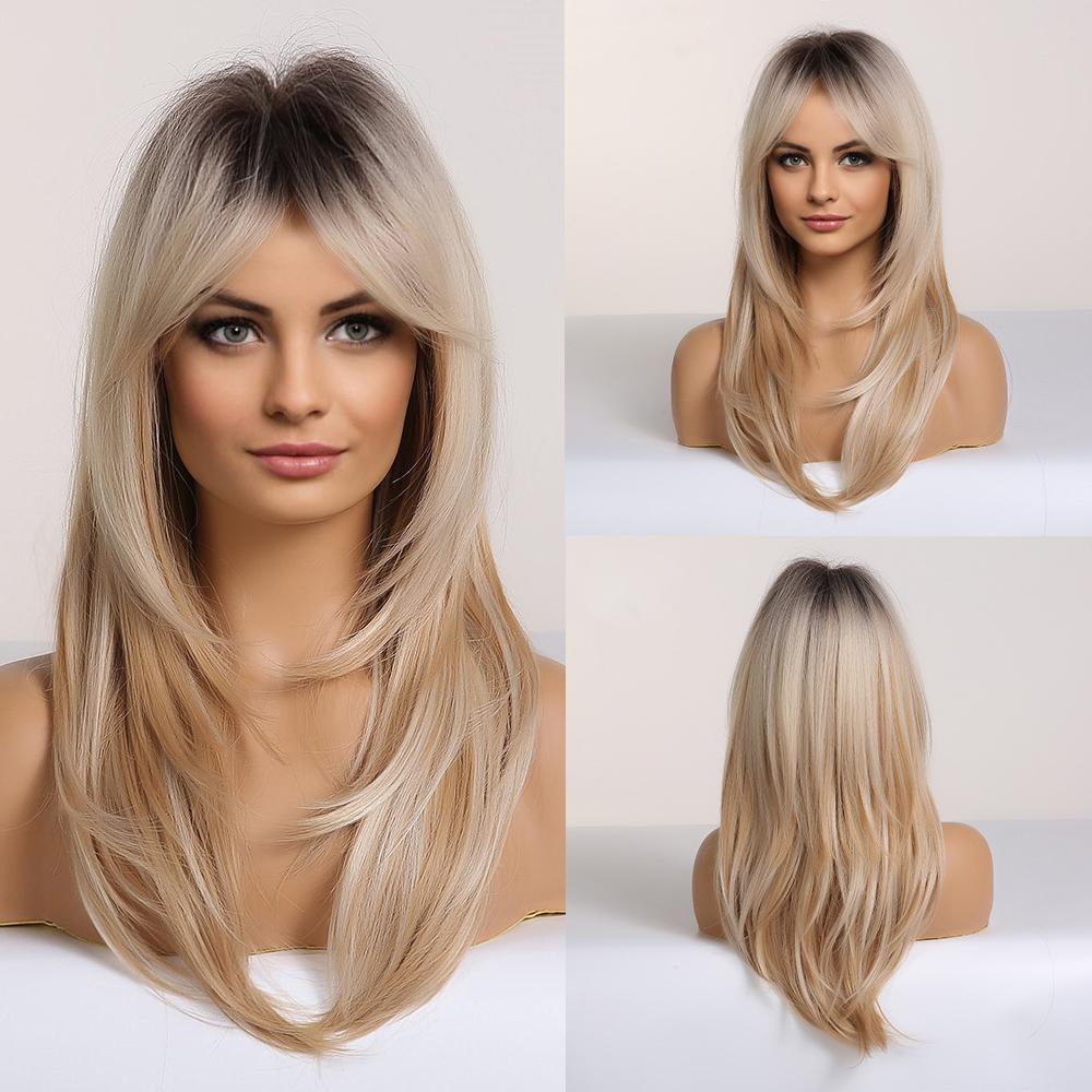 Synthetic Wigs Long Natural Wavy Wig Ombre Brown Golden Highlight Blonde Layered Hair with Side Bangs for Women Heat Resistant