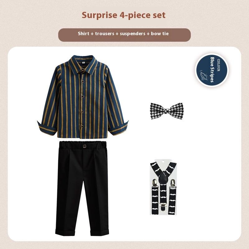 Boys Formal Suit Long Sleeve Striped Shirt Suspender Pants Wedding Piano Recital Speech Performance Outfit Kids Clothing Set 8 Y 80cm синий