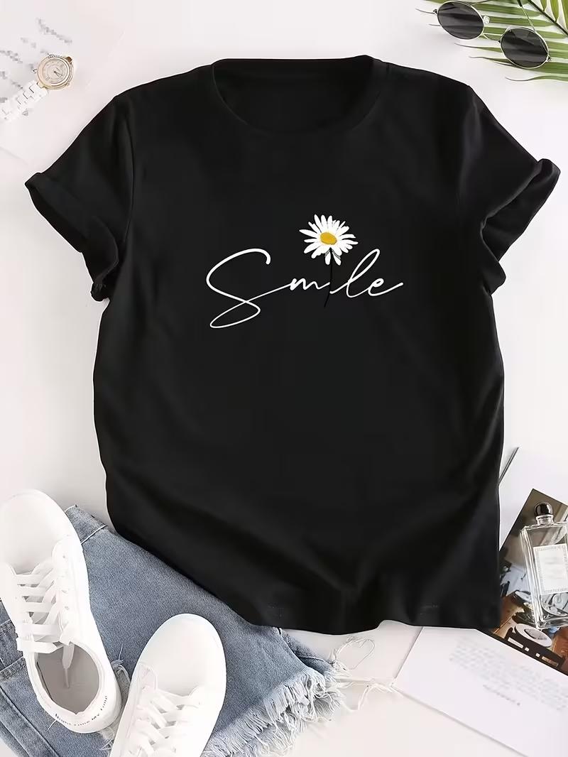 Cute Flower  Letter Print Casual Tshirt Durable Plussize Casual Tshirt Daily Commute Travel Fashion Streetwear S