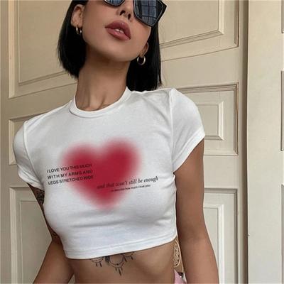 Streetwear Harajuku Rhinestone Y2K srdce Tisk Baby Trička Letní E-girl Bílé Crop Tops Goth Trička s krátkým rukávem Slim Y2K