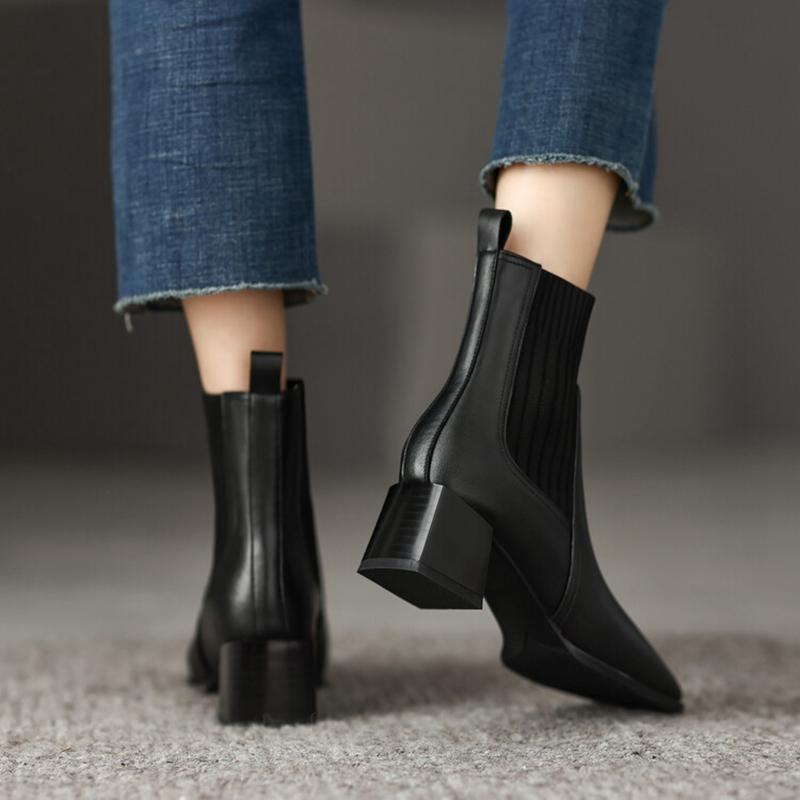 Fashion NEW Ankle Boots for Women Genuine Leather Square Toe Chunky Heel Shoes Winter Modern Boots Concise Vintage Knitting Short Boots