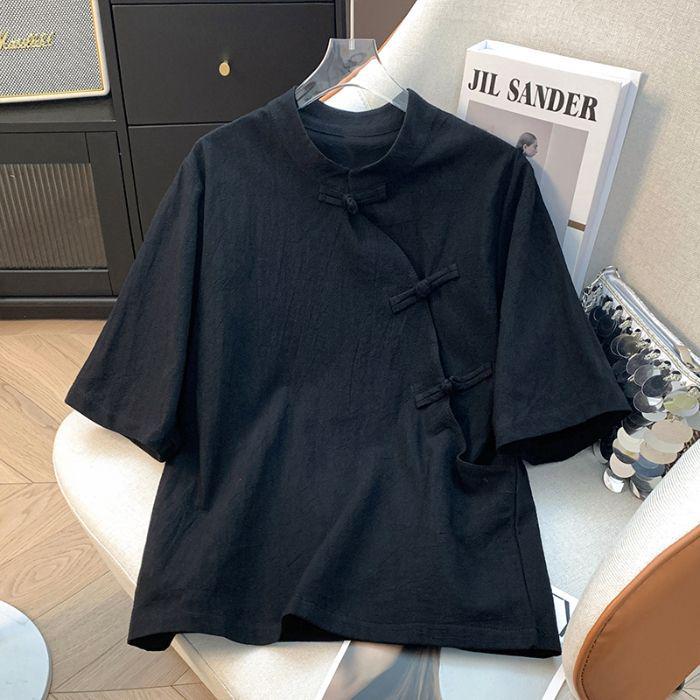 Women s Summer Zen Cotton Linen Shirt: Oblique Lapel, Frog Button, Short Sleeve Medium чёрный