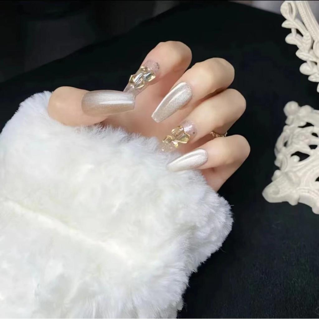 Art Handworn Nail Champagne Rhinestones Piled Cat Eye Nail Decoration Sticker