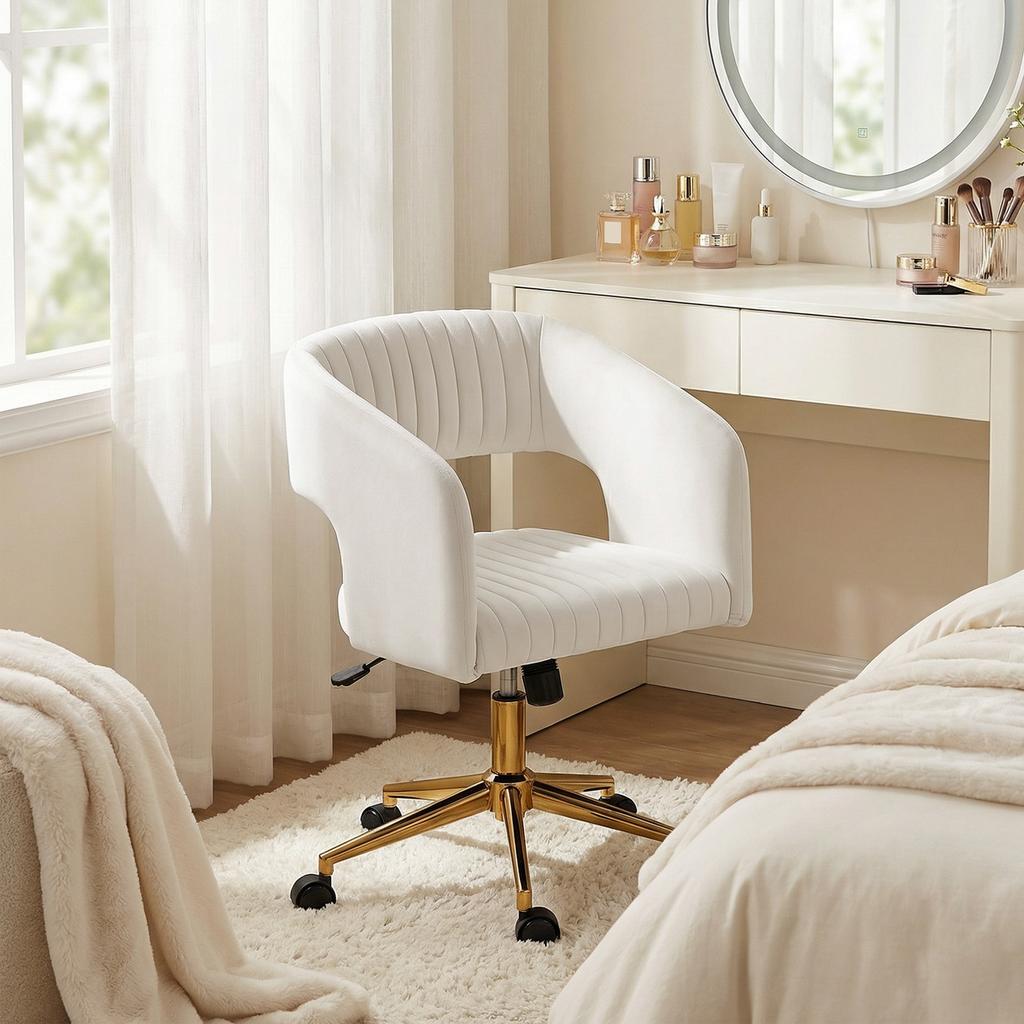 Silla de Escritorio Plegable con Funda de Aspecto Terciopelo, Silla de Oficina Regulable en Altura, Función de Inclinación, Blanco Crema