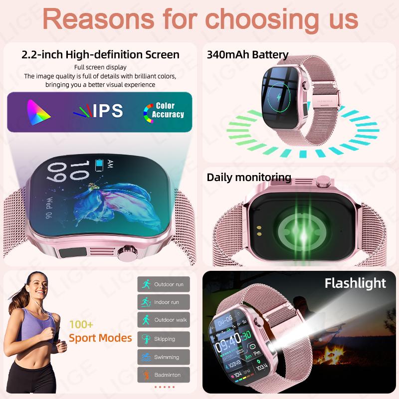 New Curved Screen Women's Smart Watch 2.2" HD Touch Screen Body Temperature Bluetooth Voice Call Men's Fitness Smartwatch