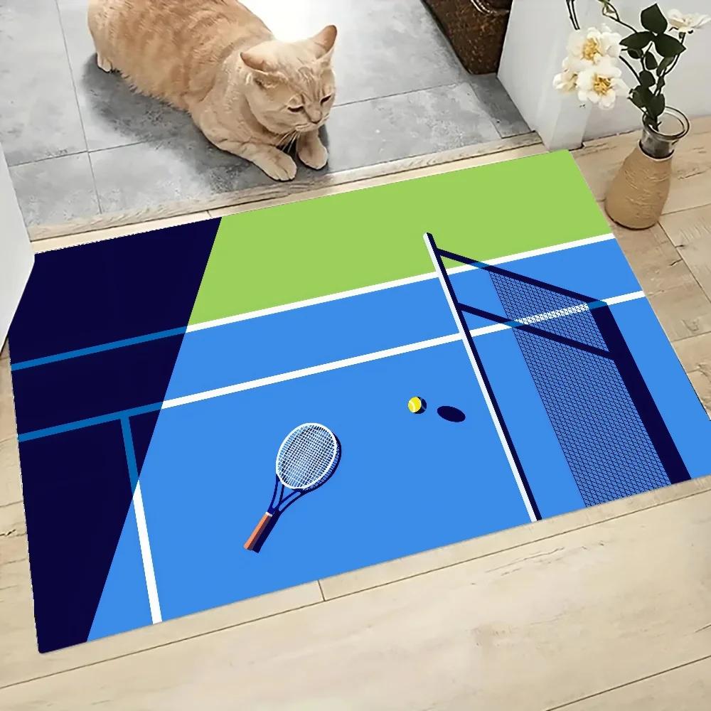 Tennis Court Net Ball Green Blue Graphic Printed Flannel Doormat Non-Slip Bathroom Kitchen Entrance Carpet Decor Floor Mat