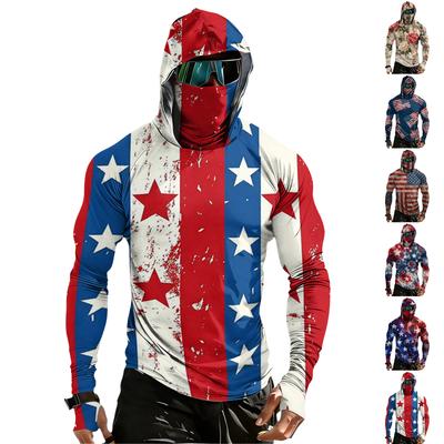 Men's Casual Raglan Sleeve Hooded Long Sleeve Sun Protection Shirt with Graphic Print for Outdoor Sports and Activities