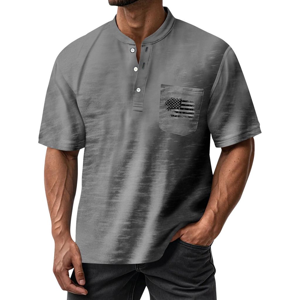 Men's Summer Independence Day Pattern Round Neck Short Sleeve T-Shirt Neck Men's All- Casual Button Shirt