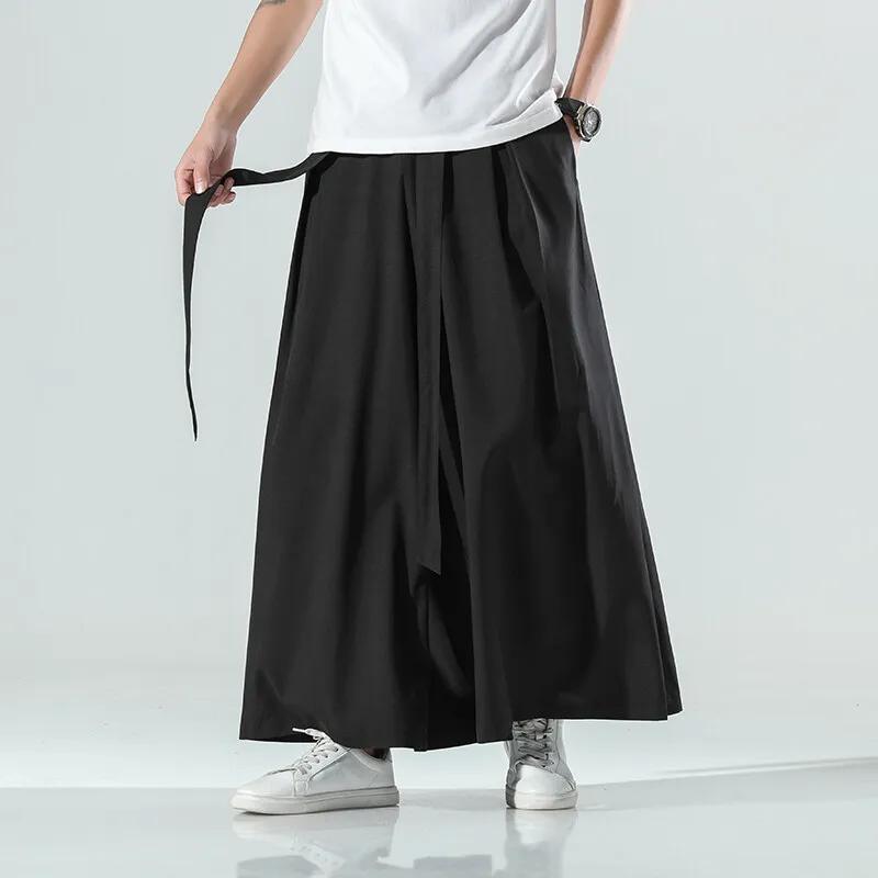 Summer Men Ice Silk Cool Wide Leg Pants Men Chinese Style Streetwear Loose Pants Male Black Harajuku Bottoms Trousers 2XL