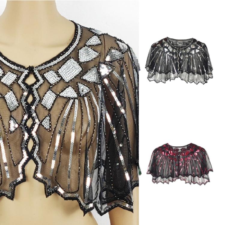 Delicate Sequins Adorned Capelet Shoulder Wrap Breathable Mesh Fabric Scarf Shawl With Intricated Beadwork Design