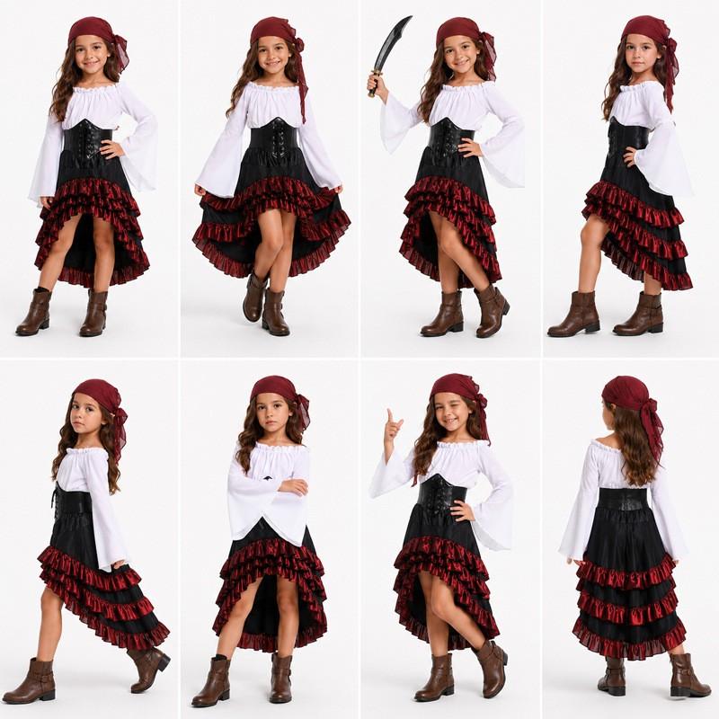 Halloween Costume Dress Girls Vintage Asymmetrical Hem High Waist Ruffle Skirt Pirate Theme Stage Outfit