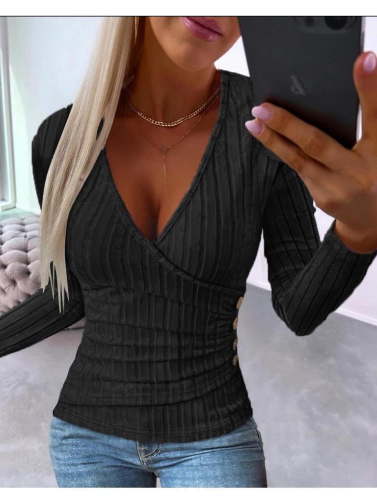 V-neck Knitting  Long Sleeve Women T-shirt Solid Color SweaterTops Fashionable Lady Button Blouse