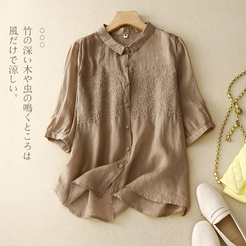 

Літо 2025 нова бавовняно-лляна сорочка з короткими рукавами та коміром ПОЛО, жіночий ретро вишитий кардиган преміум-класу M хакі