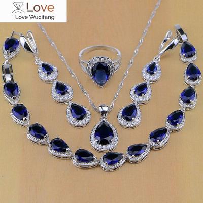 925 Sterling Silber Schmuck Weiß Cz Blau Zirkon Schmuck Sets Für Frauen Ohrringe/Anhänger/Halskette/Ringe/Armband