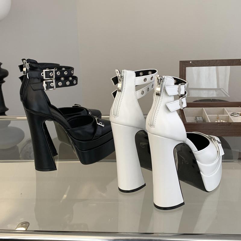 Fashion Runway style 15cm Ultra High heels Platform Wedges Women Pumps Fashion Rivet Ankle Strap Thick Heeled Spring Summer Chunky Shoes