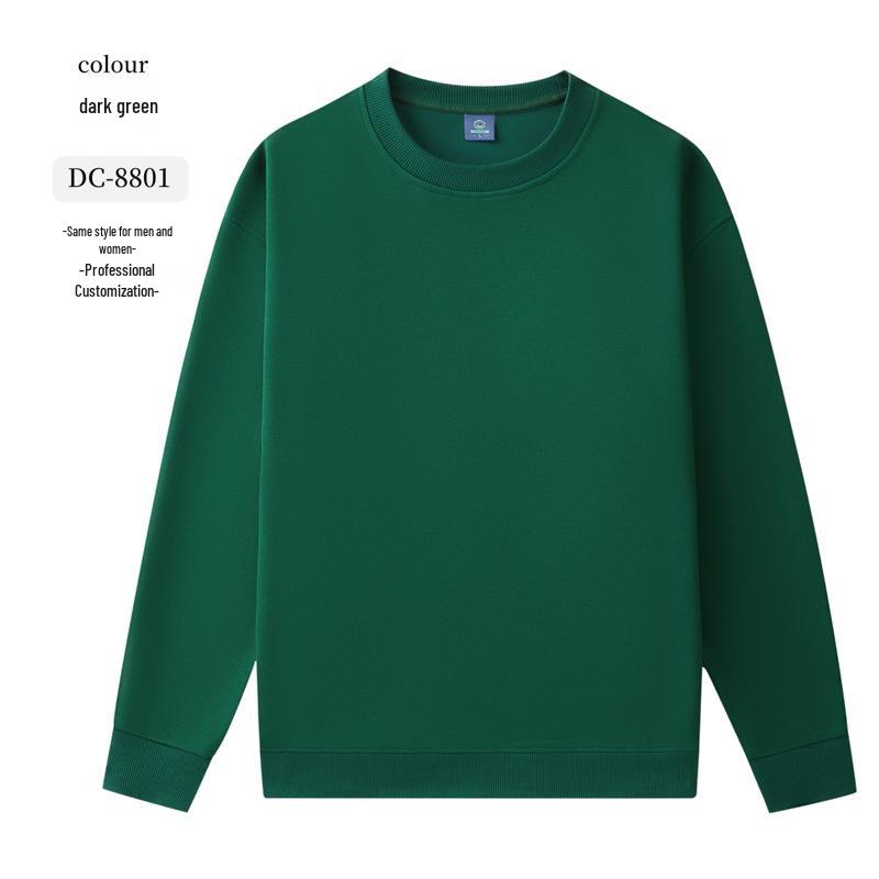 Dark Green Cotton Hoodie with Logo: Corporate Team or Class Uniform, Long Sleeve, Round Neck for Autumn/Winter.