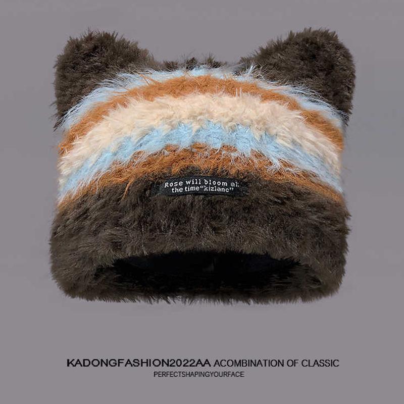 All-match Cute Cat Ear Hat for Women In Autumn and Winter New Windproof and Warmth Thickened Pullover Hat Korean Casual Plush Hat