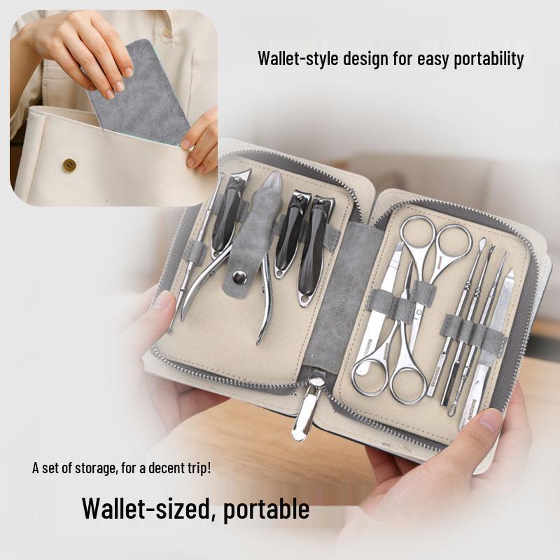 German Precision 12-Piece Stainless Steel Nail Clipper & Manicure Set - High-Quality Grey Glossy Finish