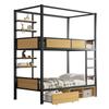 Bunk Bed, Iron + MDF, Double Shelf Board On the Side, Storage Space Under Bed, Bed Curtain Can Be Attached To Upper Bed, Black + Natural, 90x200cm
