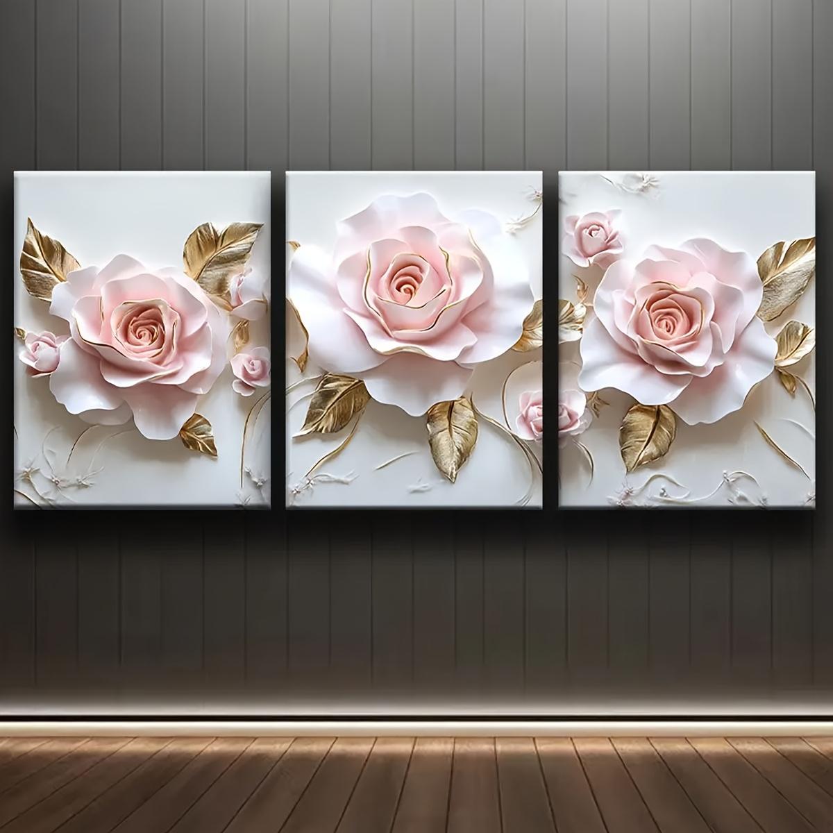 

3pcs Pink Rose Canvas Wall Art, 3D Floral Art Panel, Frameless Wall Decor for Living Room, Bedroom, Kitchen, Bathroom, Bedroom W 20x30cm-3pcs