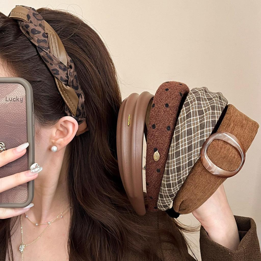 Maillard Retro Plaid Wide-Brim Headband for Women, High Top College Style - 2025 Trend Hair Accessory