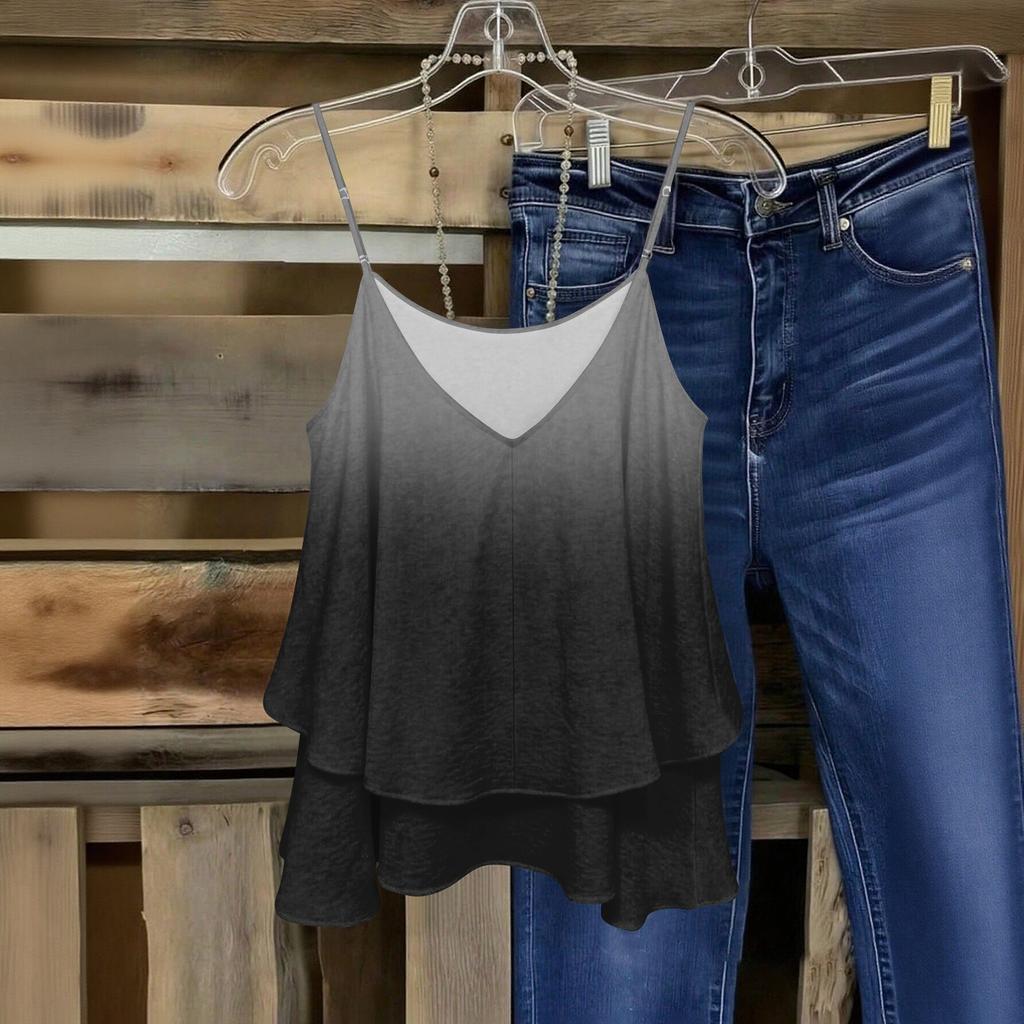 Women's Sleeveless Double Layer Spaghetti Strap Top Gradient Print Casual Summer Blouse Lightweight Loose Fit Tank Top for Daily Wear