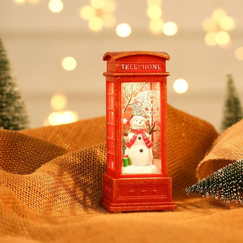 Christmas Phone Booth Snow Globes Decoration with Santa Claus, Snowman & Tree - Red Retro Telephone Booth Ornament With Light