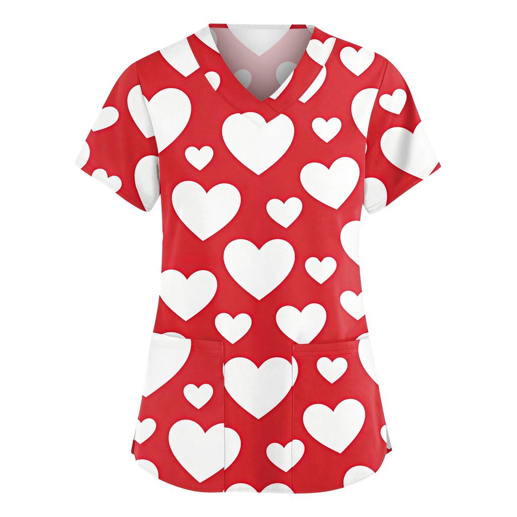Women’s Short Sleeve V Neck T Shirt with All Over Heart Print Casual Loose Fit Lightweight Top for Daily Wear
