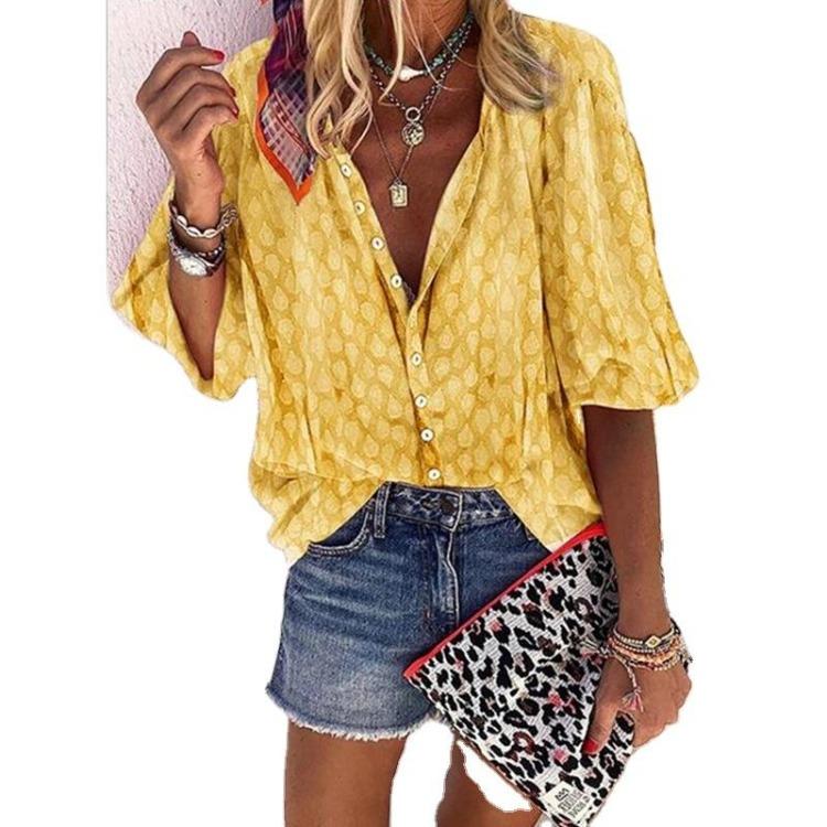 Printed Long Sleeve Loose Shirt Top Women Single Breasted Lapel Autumn Spring