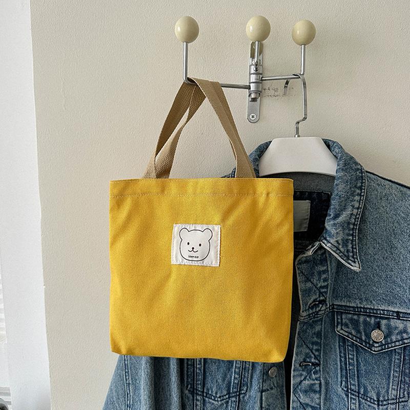 Women Fashion Handbag Canvas Small Bear Tote Bag Hand Lunch Bag Korean Canvas Bag Handbags Cotton Cloth Picnic Travel Bento Bucket Bag