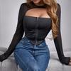 Sexy Hollow-Out Round Neck Long Sleeve Slim Fit Crop Top for Women