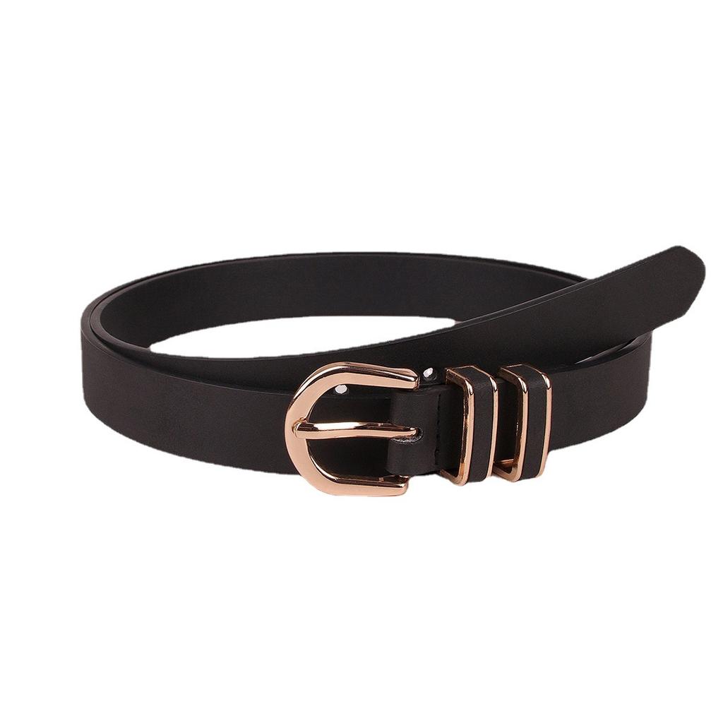 New Textured Women's Double Ring Leather Pin Buckle Black Glossy Fashionable Young Versatile Belt