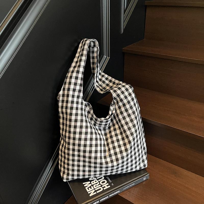 Plaid Canvas Bag Women's Large-capacity New Summer Versatile Shoulder Bag Lightweight Student Class Tote Bag