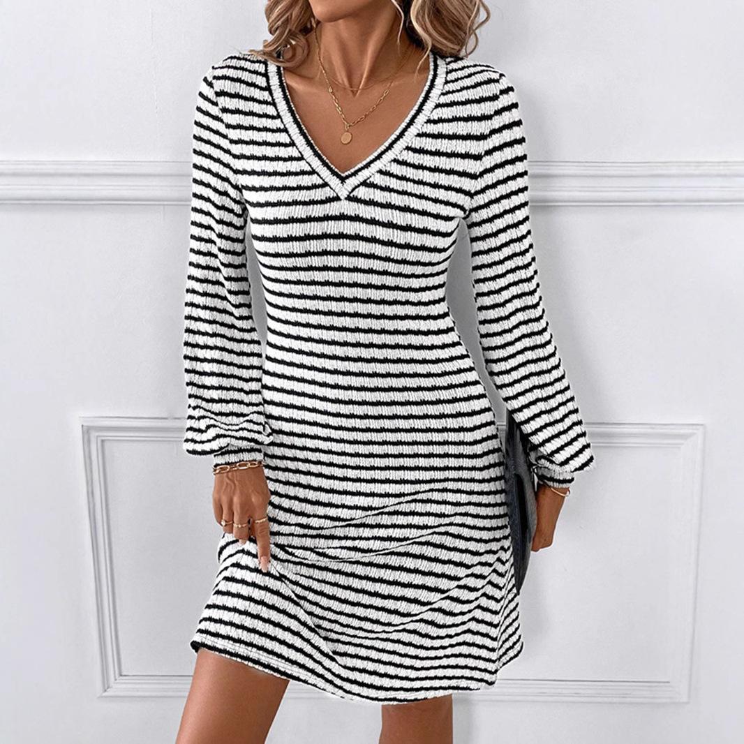 

2026 Spring White Stripe Long Sleeve V-neck Casual Mini Dress for Women Elegant Skinny Elastic Knitted Dresses Office Lady Dress XL