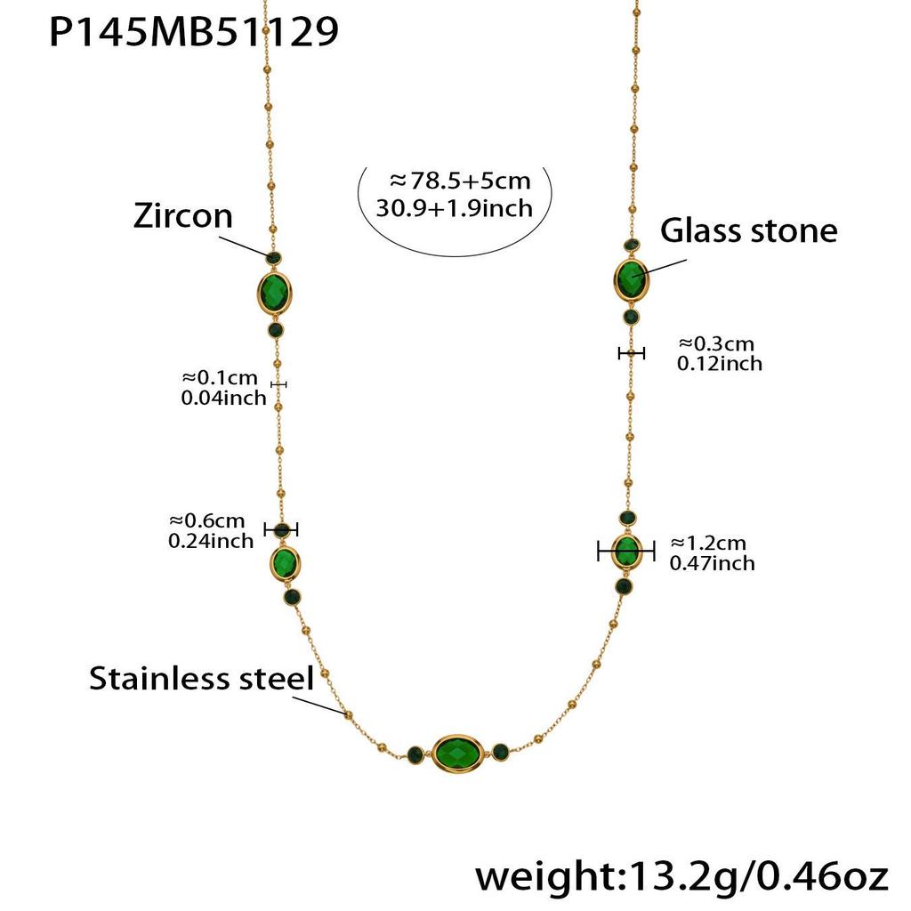 18K Gold-Plated Stainless Steel Jewelry Set: Bead Chain Necklace & Earrings with Oval Bezel Faceted Glass Stone.