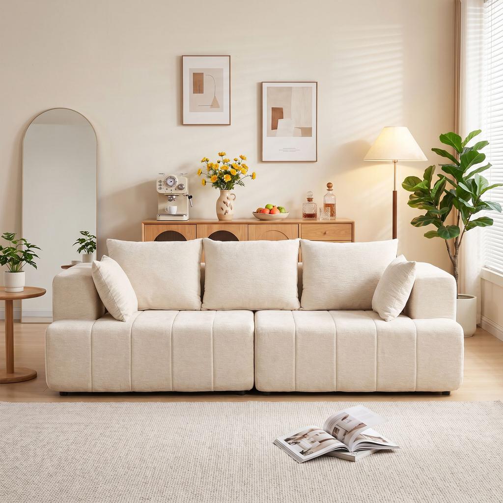 Chenille Sofa, 3-Seater, 248 cm, Wide Padded Seat, Spring Cushions, Beige