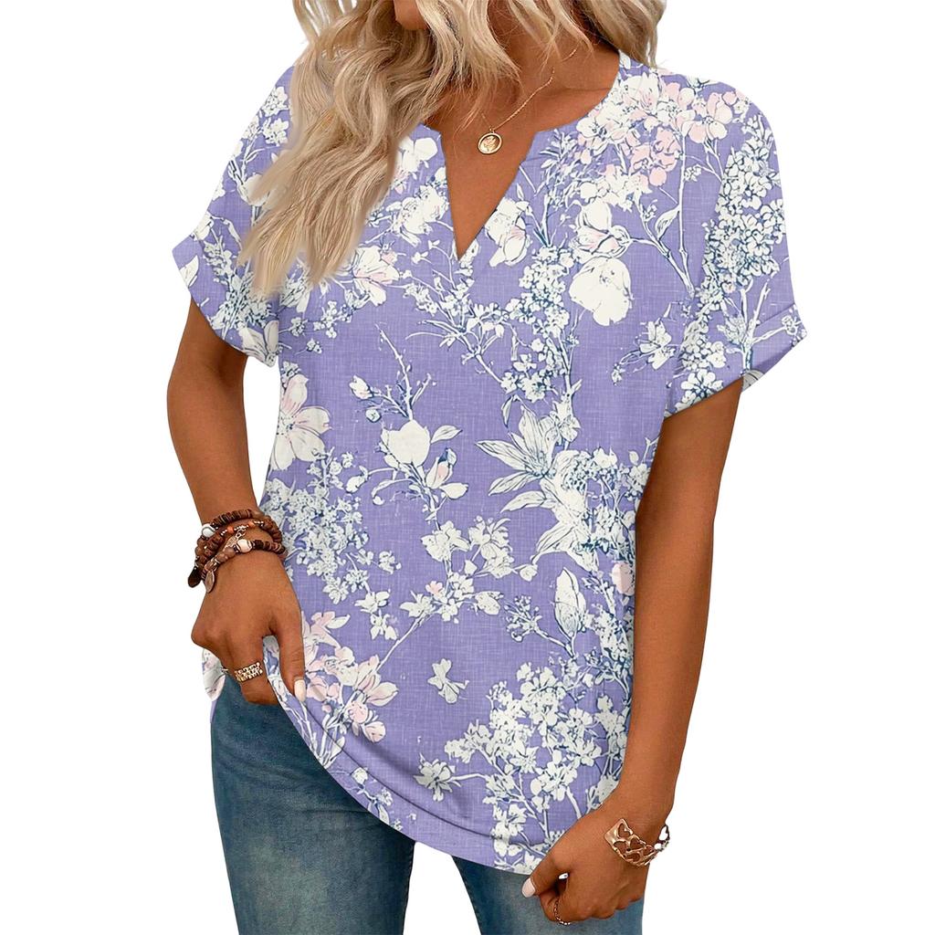 Stylowy damski casualowy T-shirt z krótkim rękawem z dekoltem w serek i retro kwiatowym nadrukiem