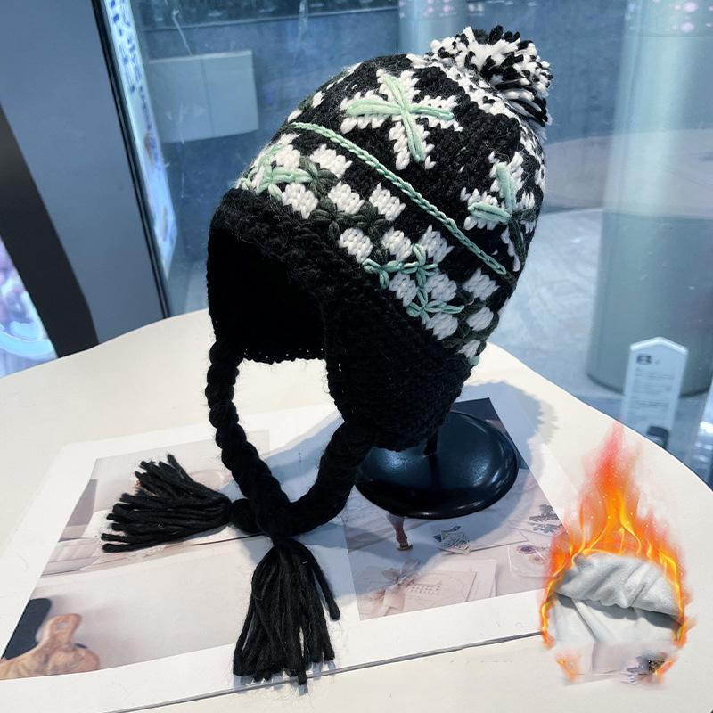 Handmade Crochet Knitted Hat Women Parent-child Warm Colorful Mixed Yarn Beanie Double Braids Ear Protection Winter Outdoor Cap