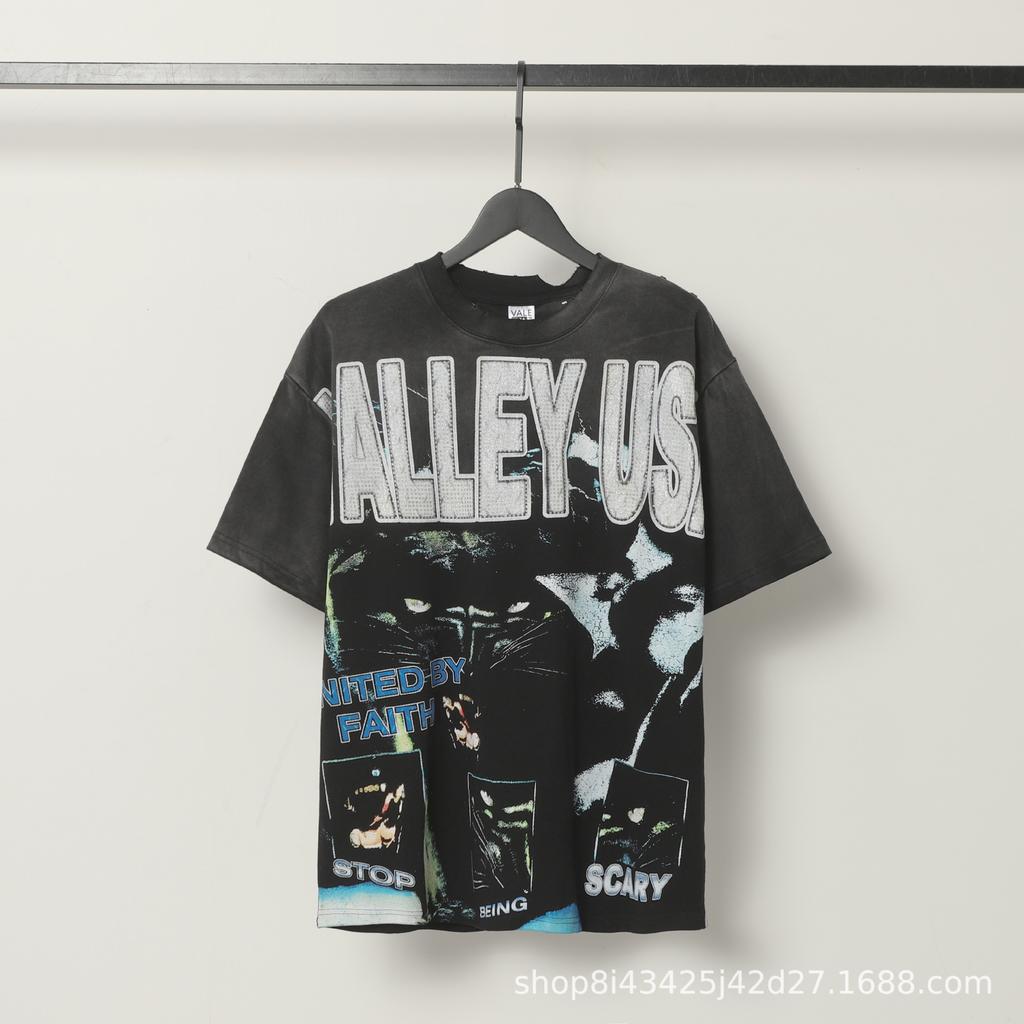 2025 Amerikanische trendige Marke Vall gewaschen alt bedrucktes kurzärmeliges Hip-Hop lockeres Streetwear-T-Shirt für Männer und Frauen