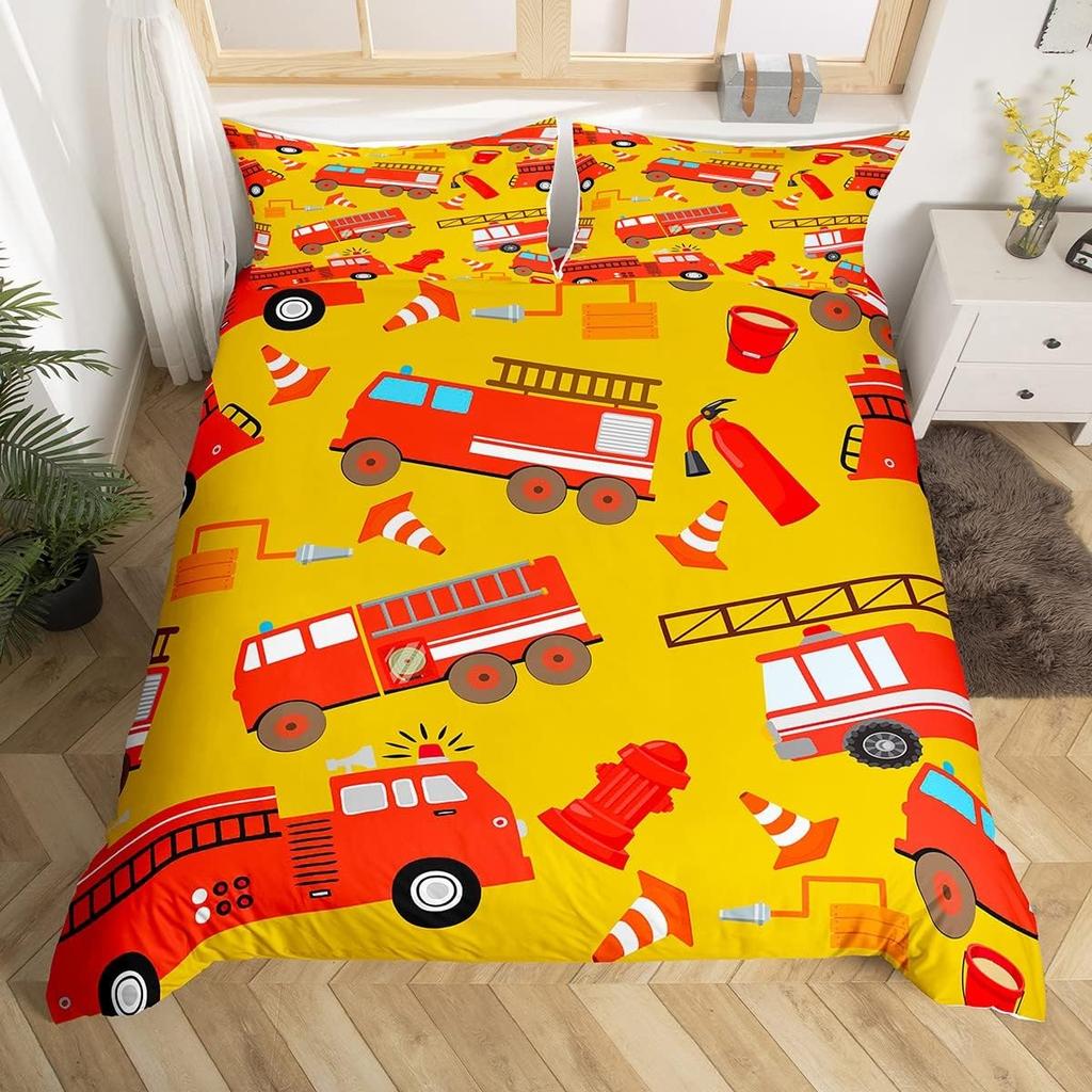 Comforter Fire Truck For Kids Boys Fire Engine Vehicle Extinguisher Fire Hydrant Print Bedding Set Microfiber Twin