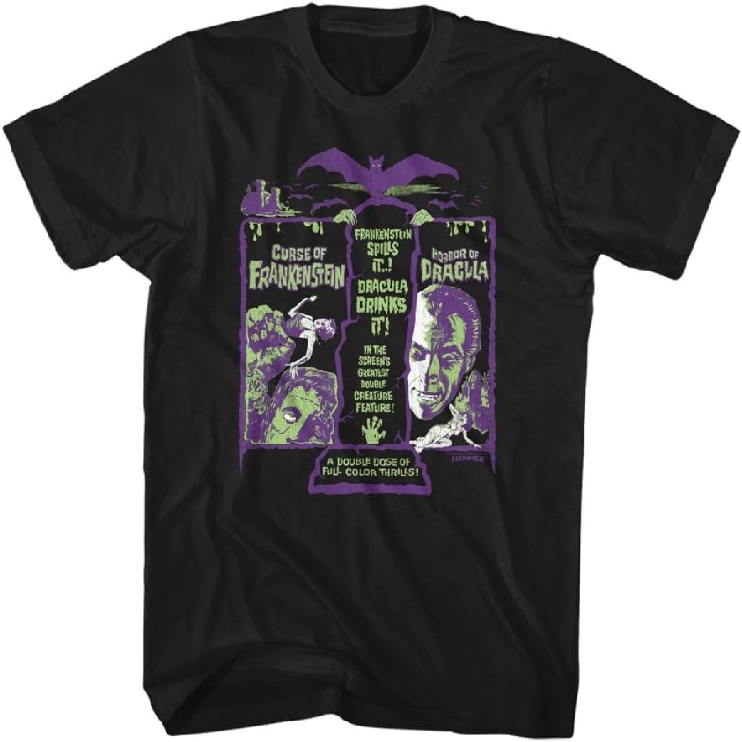 Hammer Horror Frankenstein & Dracula Double Dose Adult Short Sleeve T Shirt Vintage Style Graphic Tees S