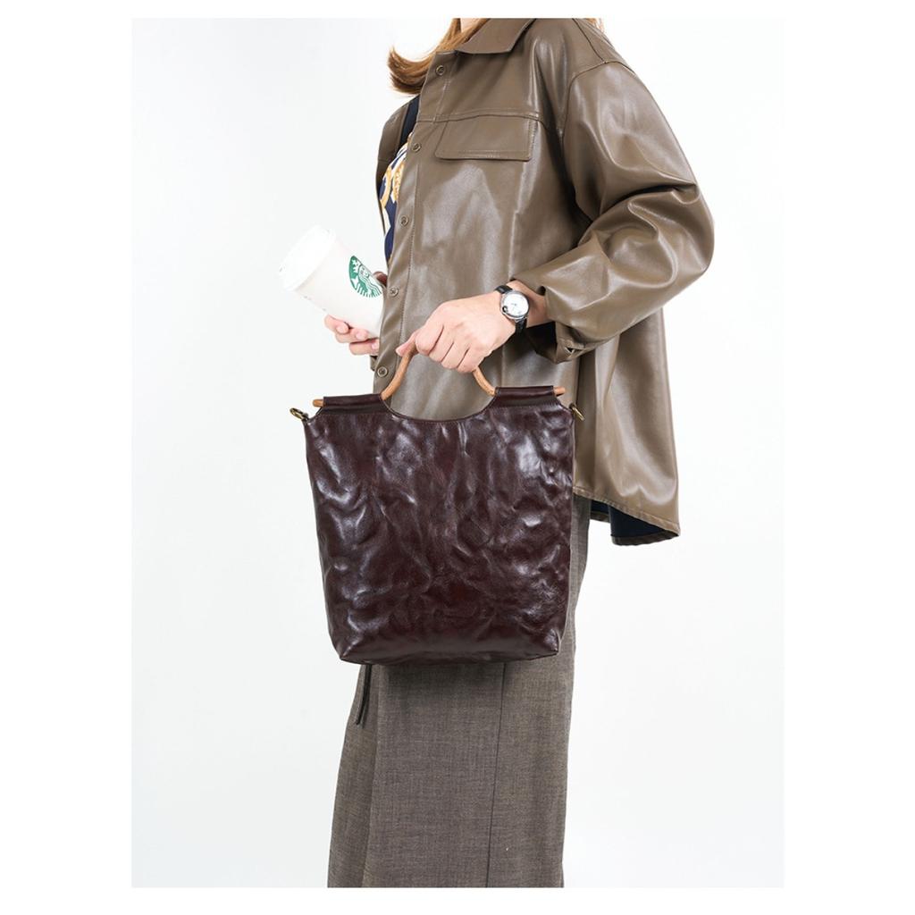 Cross-border leather whole tree paste hand scratching tannin real vegetable tanned cowhide tote bag handbag women's shoulder messenger bag bag