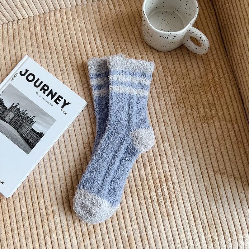 Autumn and winter color matching coral fleece women's socks thickened warm sleeping socks half fleece home floor socks