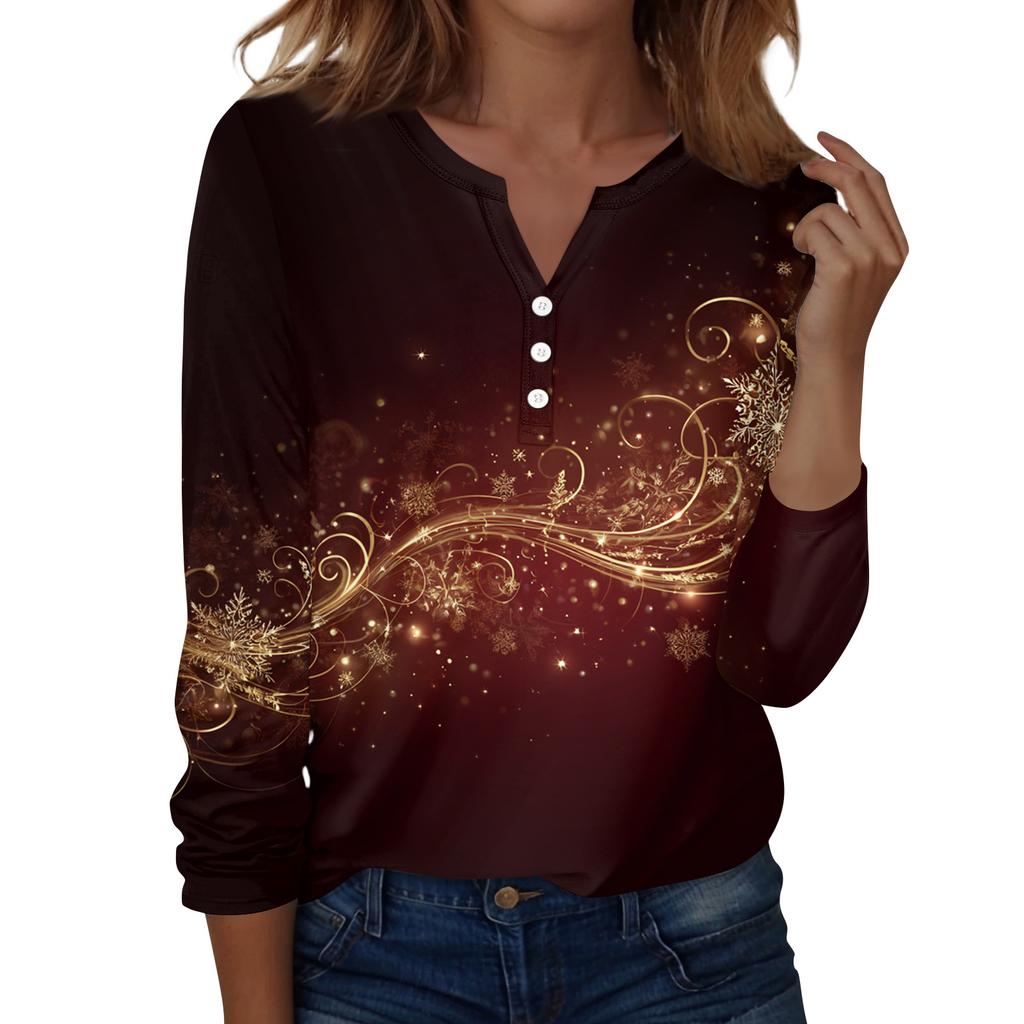 Women's Fashion Casual H Printed V-Neck Long Sleeve Decorative Button T-Shirt Tops