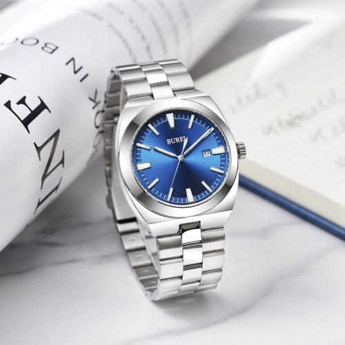 BUREI Men's Analog Quartz Watch, Simple, Waterproof, Silver, Large Dial, Date Display, Popular, Stylish, Gentleman's, Business, Casual, Luminous, Silv