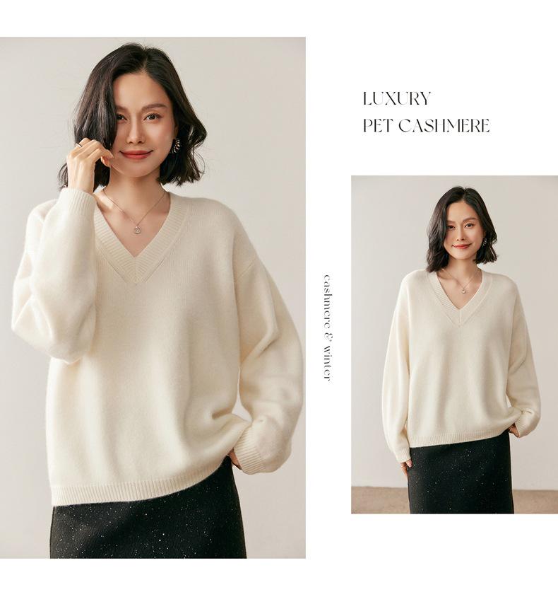 Lekasha Women's Cashmere V-Neck Loose-Fit Sweater