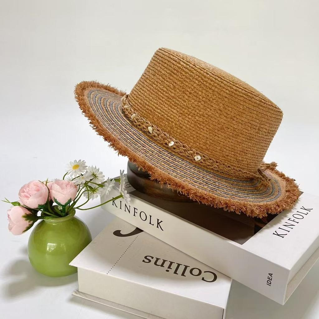 Delle Ethnic Style Raffia Flat Top Hat Women'S Outdoor Travel Sunscreen Sunshade Burr Straw Hat