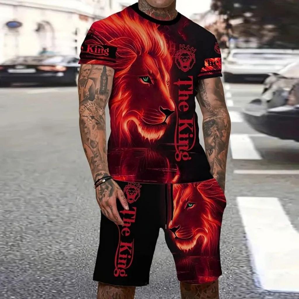 2025 Summer New Men's Summer Crew Neck Short Sleeve Shorts 3D Tiger Print Casual T-shirt Cool Custom Streetwear Set Men Sports